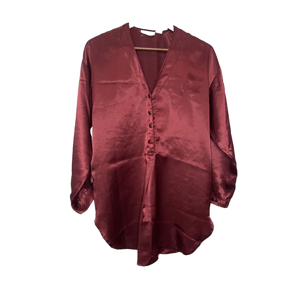 Vintage Victoria Secret Gold Label Womens P/S Pajama Top Wine Burgandy Satin